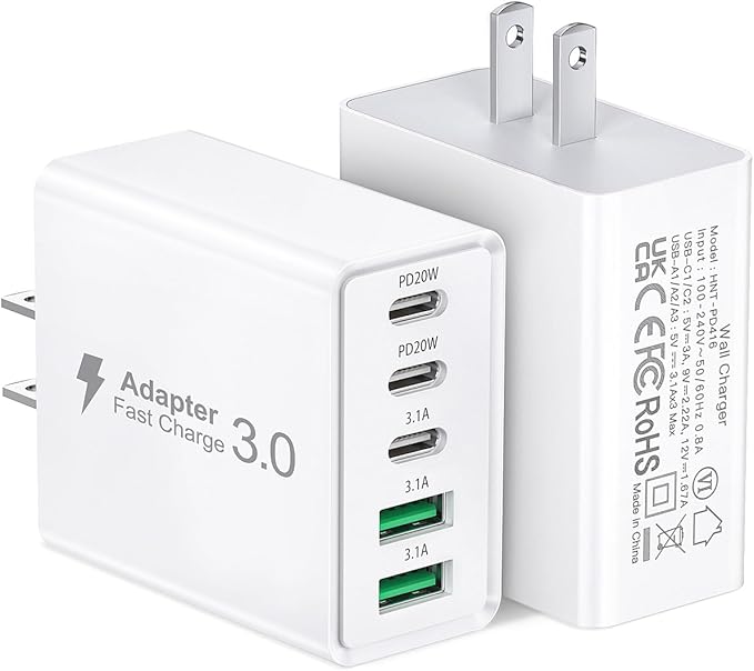 2Pack USB C Fast Charger Block,50W 5-Port USB C Wall Charger Brick