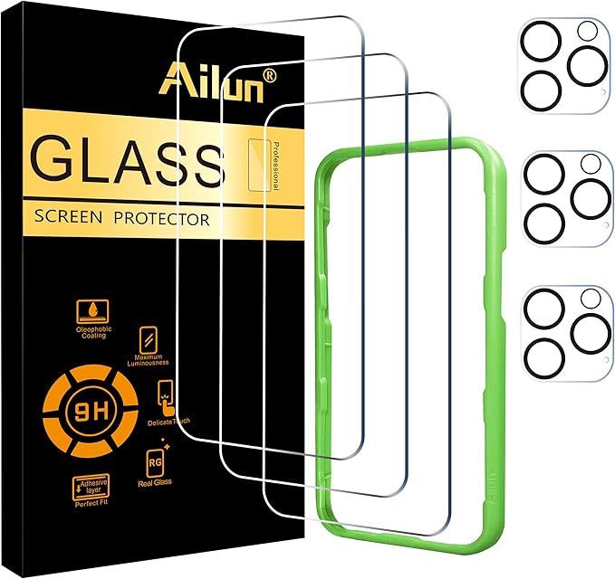 Ailun 3 Pack Screen Protector for iPhone 16 Pro [6.3 inch] + 3 Pack Camera Lens Protector with Installation Frame,Case Friendly Tempered Glass Film,[9H Hardness] - HD [6 Pack]