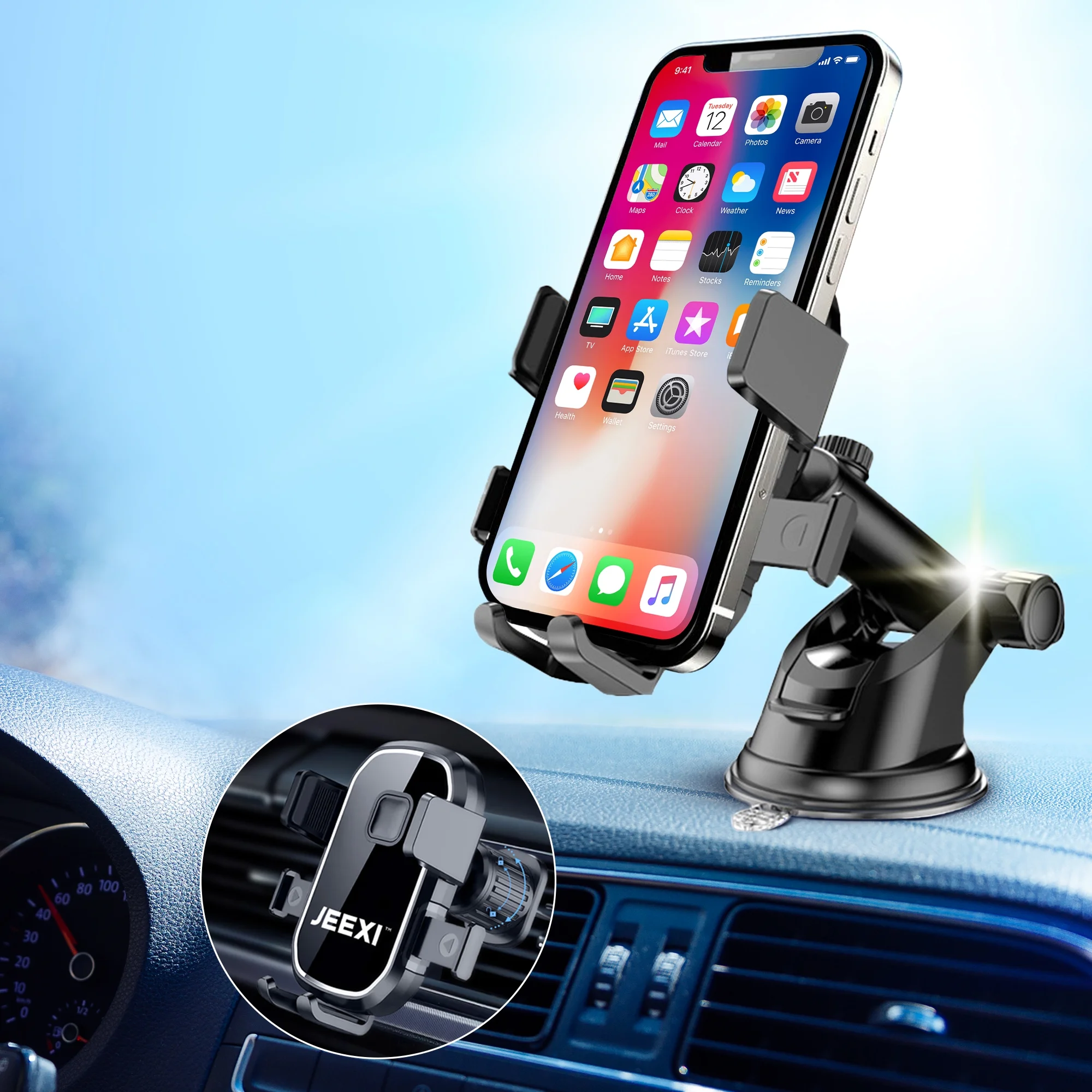 JEEXI Strong Phone Holder Car Mount, Super Powerful Suction Dashboard Windshield Cellphone Holder, Hands Free Universal Air Vent Mount for Automobile