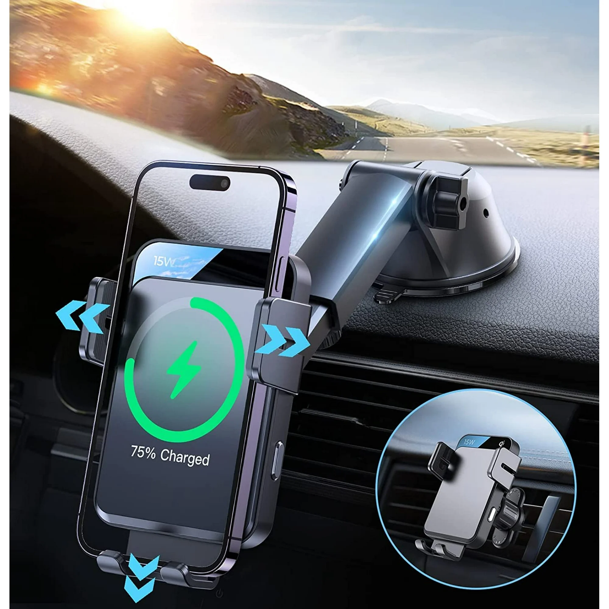 JOYROOM 3 in 1 Wireless Car Charger, 15W Fast Charging Phone Car Mount Auto-Clamping Windshield Dashboard Air Vent Car Phone Holder for iPhone, Samsung, All Smartphones