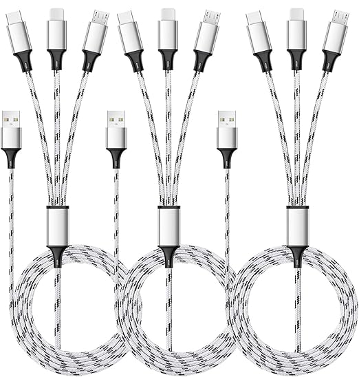 Multi Charging Cable, 5ft 3Pack Multi Charger Cable Nylon Braided Multiple USB Universal 3 in 1 Charging Cord Adapter with Type-C